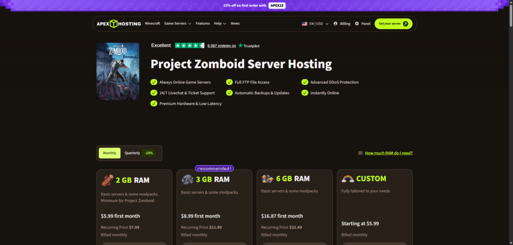 apex hosting project zomboid hosting page