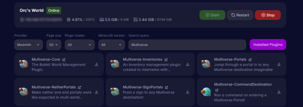 Cybrancee's plugin installer page that lists the Multiverse plugin and the addons.