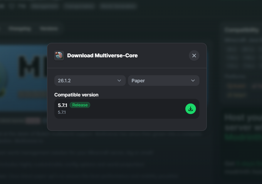 Multiverse Core plugin version and server software page on Modrinth