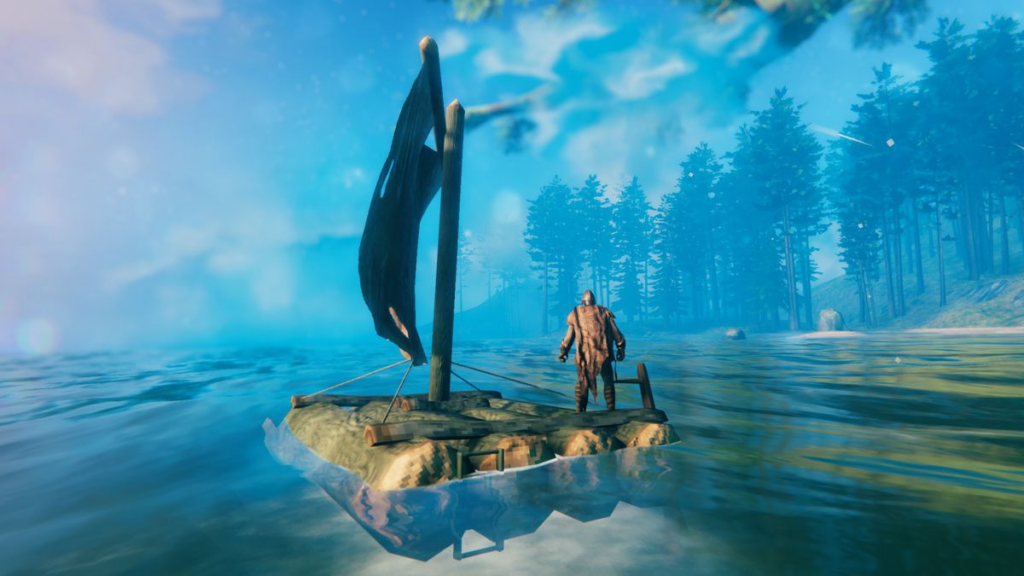 valheim early access game image with a player on a wood boat