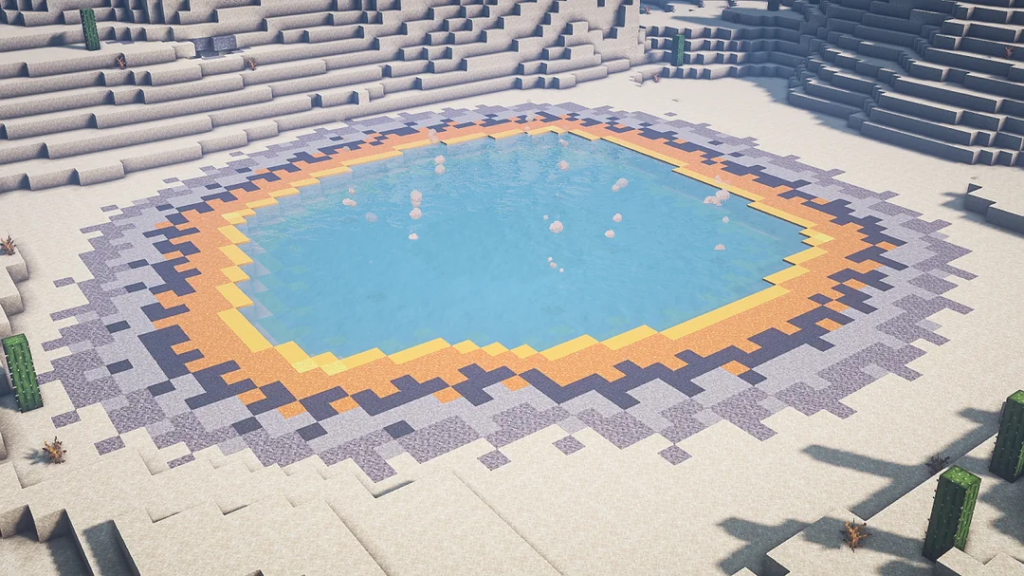 A large pool of water with multiple periodic geysers