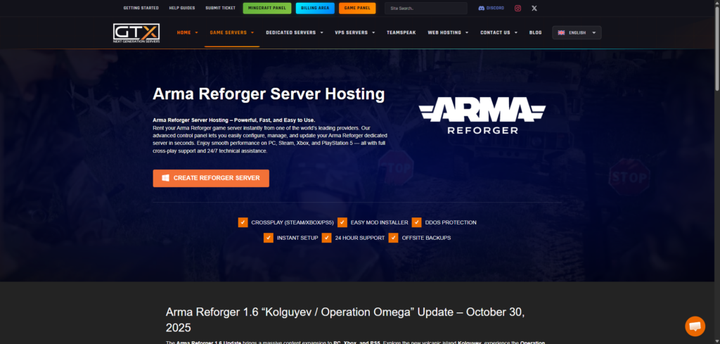 Arma Reforger gtx gaming hosting page 