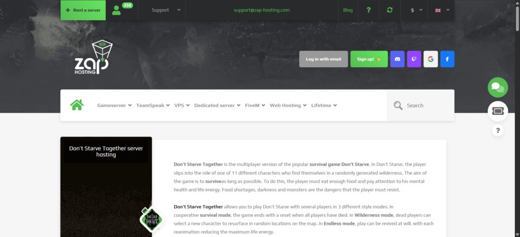dont starve together hosting page zap hosting