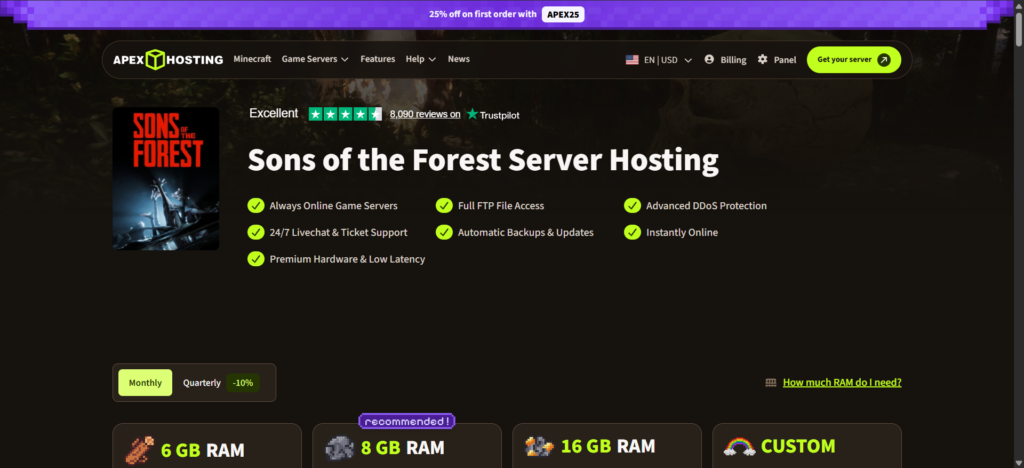 sons of the forest hosting page apex hosting