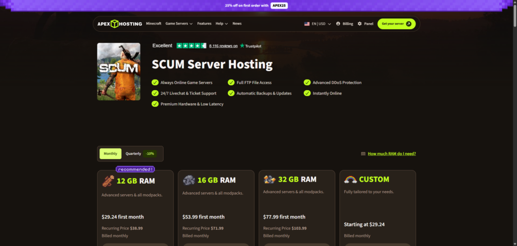 SCUM apex hosting page