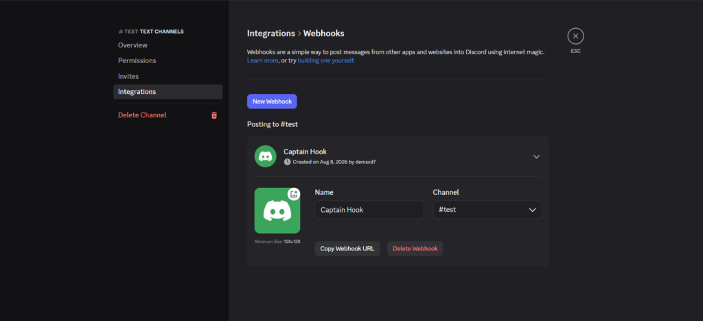 discord webhook create settings page