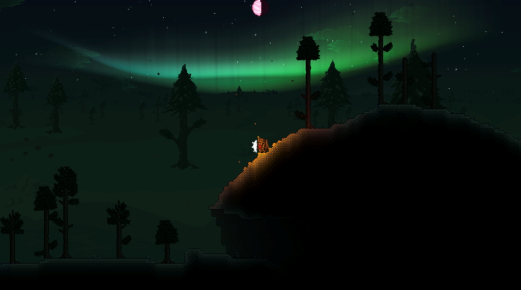 terraria night map with player holding a torch