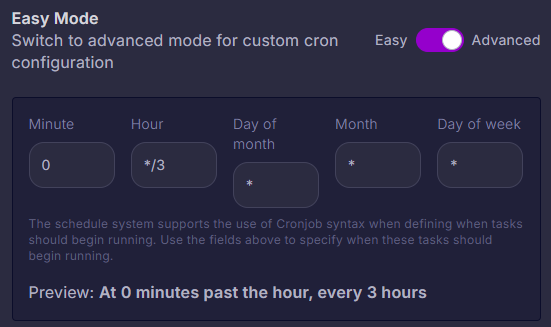 The cron job with advanced mode to configure how often the schedule is run in the Cybrancee server control panel