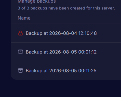 Three backups with one of them locked in the backups tab in the Cybrancee server control panel