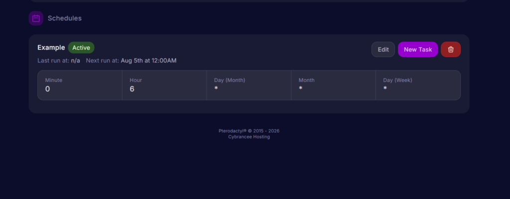 A schedule with no tasks created in the Cybrancee server control panel