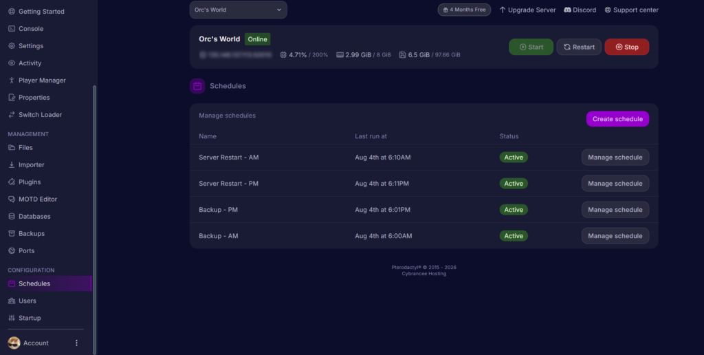 The Schedule tab with four schedules already listed in the Cybrancee server control panel