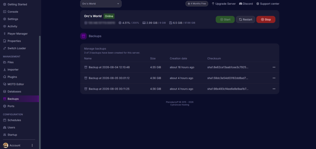 Backups tab with three backups already created in the Cybrancee server control panel