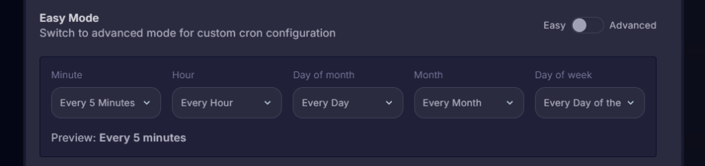 Configurable options on easy mode to select how often the schedule is run in the Cybrancee server control panel