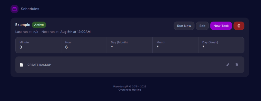 A schedule with a create backup task created in the Cybrancee server control panel