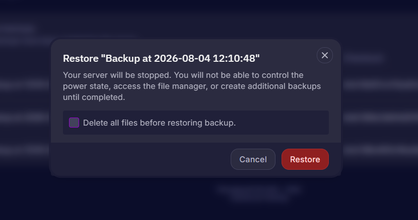 A popup asking to restore a server backup in the Cybrancee server control panel