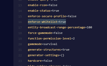 "enforce-whitelist" highlighted as true in the Minecraft server.properties file