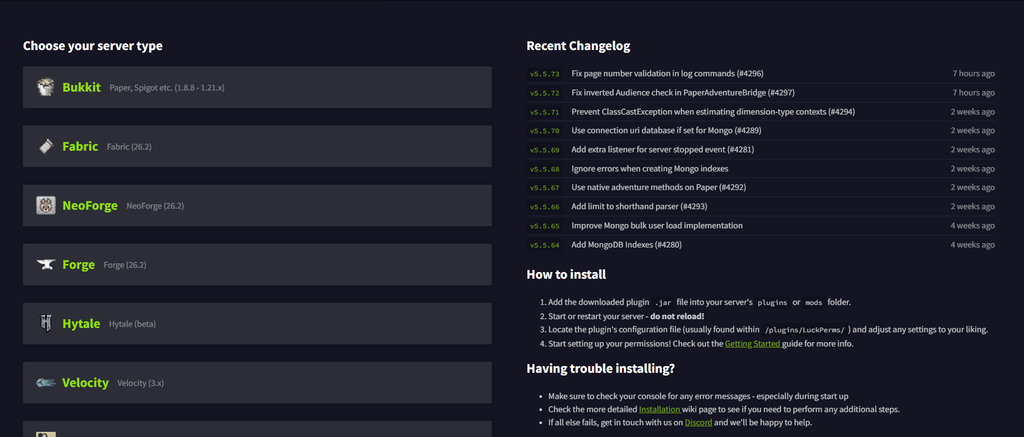 The download page on luckperms.net with server type selections