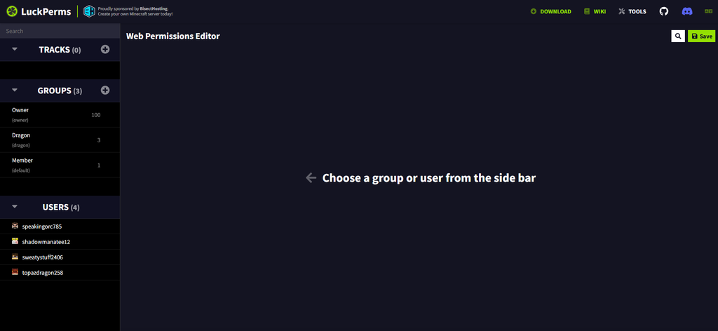 The LuckPerms web editor with tracks, groups, and users.