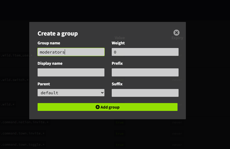 Creating a group in the LuckPerms web editor with a group name of "Moderators" and a parent set to "default"