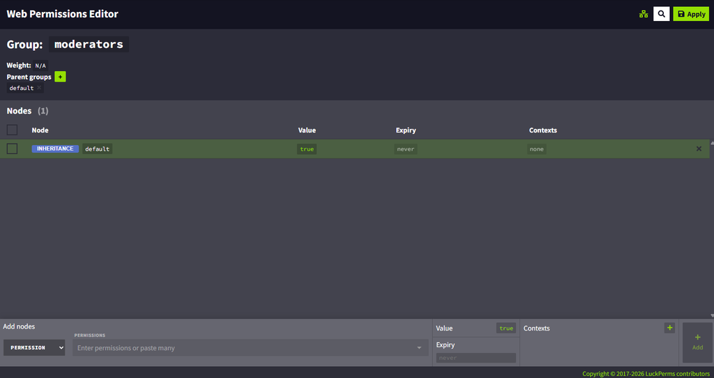 The group "moderators" in the LuckPerms web editor with nodes listed