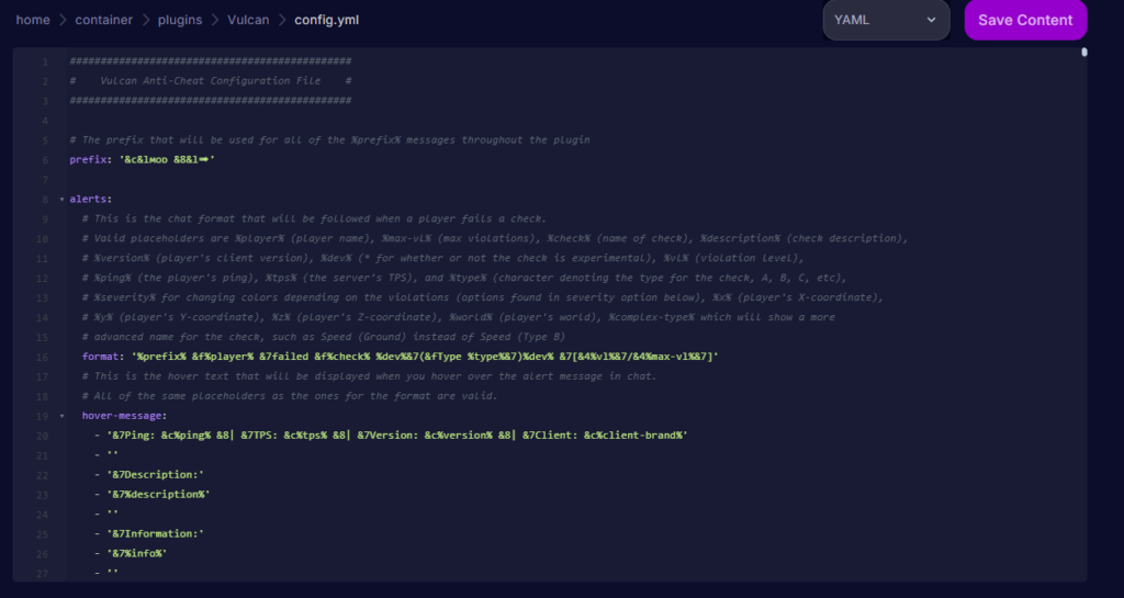 Vulcan Anticheat config.yml alert settings and hover message settings
