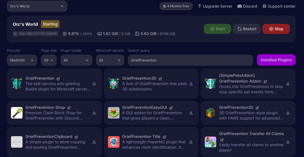 GriefPrevention plugin in the plugins tab of Cybrancee's Minecraft server control panel