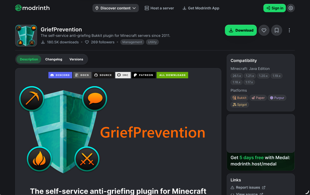 The official Modrinth page for the GriefPrevention plugin
