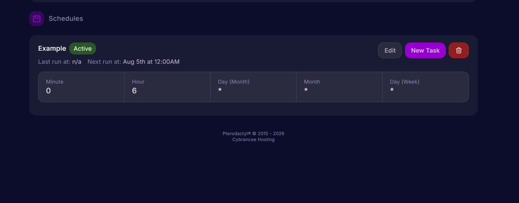 A schedule with no tasks created in the Cybrancee server control panel