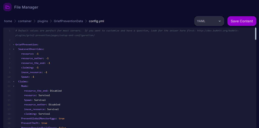The config.yml file for the GriefPrevention plugin