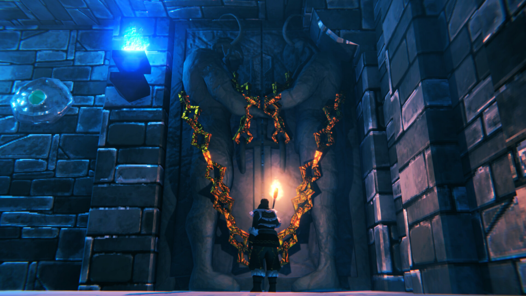 player exploring cave valheim