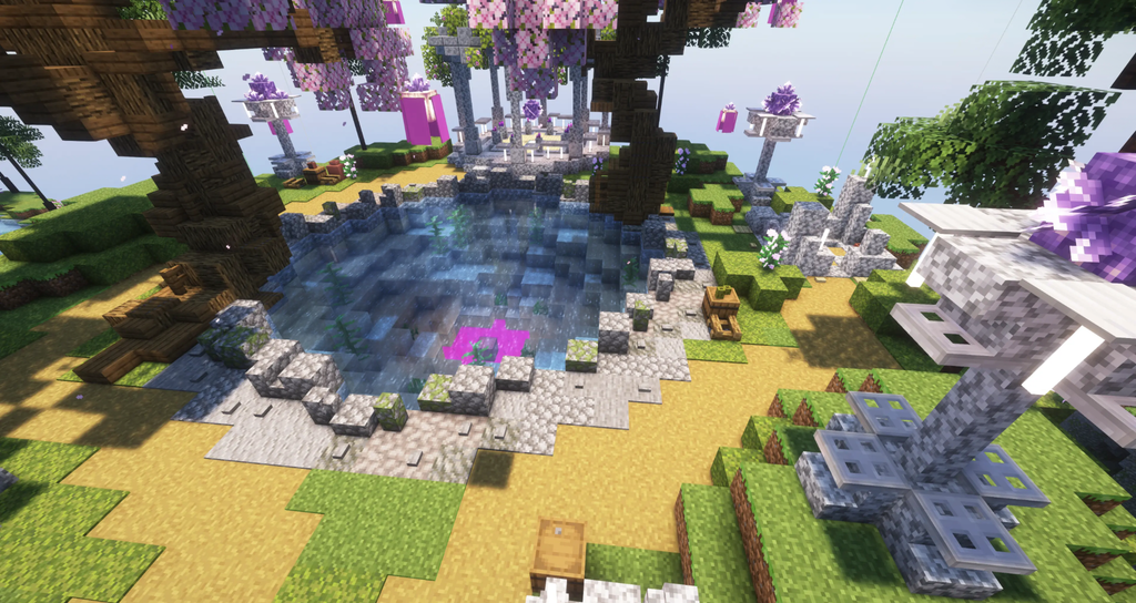A custom floating island with custom trees and a pond in FTB Skies 2.