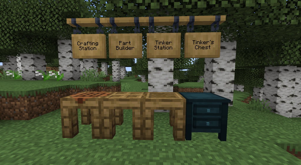 A crafting station, part builder, tinker station, and tinker's chest from the tinker's construct.