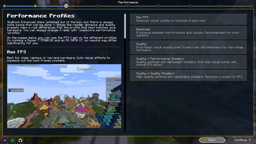 Changing performance profiles in the SkyBlock Enhanced modpack menu