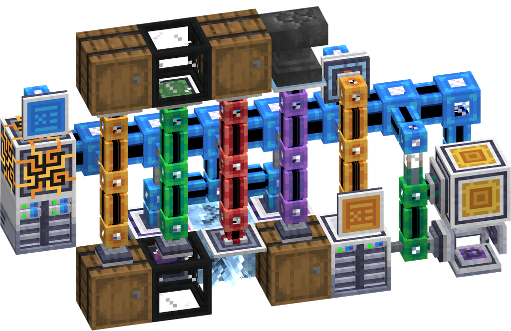 Contraption constructed with pipes, anvils, barrels, and more with the Applied Energistics 2 mod.