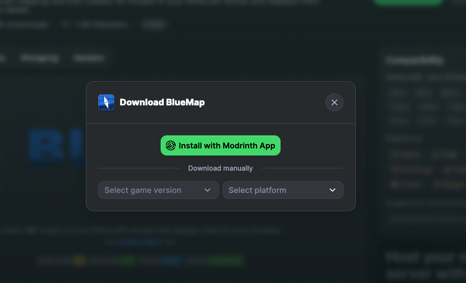Downloading the BlueMap plugin from the Modrinth page