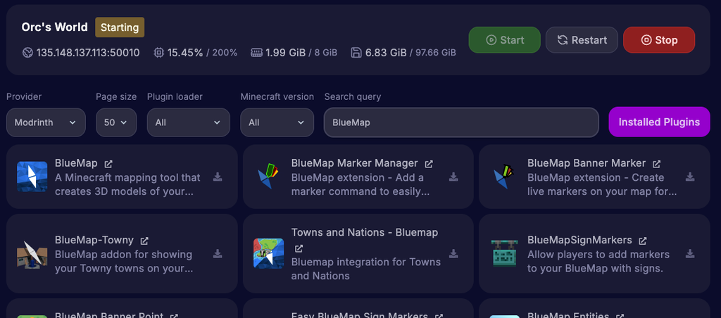 The BlueMap plugin in the plugins tab on the Cybrancee server control panel