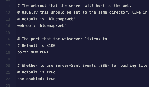 Changing the server port to the created port in the webserver.conf file in the BlueMap plugin files