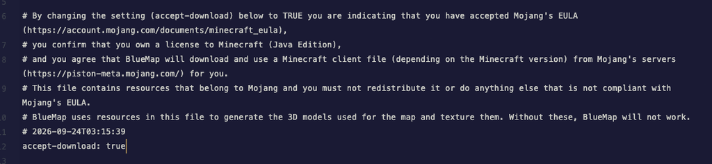 Changing the accept-download setting from "false" to "true" in the BlueMap core.conf file