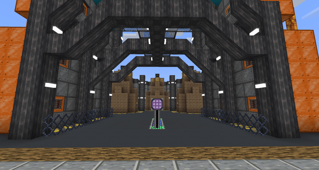 A structure created with custom blocks such as custom black and orange blocks