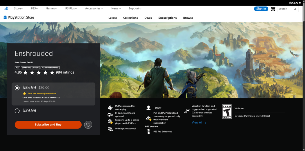 playstation store page of enshrouded 1.0