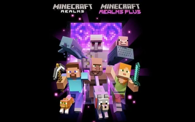 Players and mobs coming out of a nether portal with the Minecraft Realms and Minecraft Realms Plus logos above the portal.