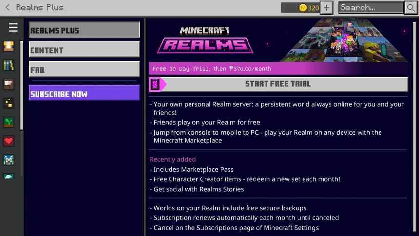 The Realms Plus screen on Minecraft Bedrock Edition, with the ability to start a free trial.