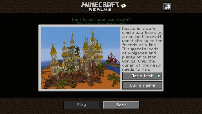 Minecraft Realms information screen on Minecraft Java Edition with options for a free trial or to buy a Minecraft Realm.