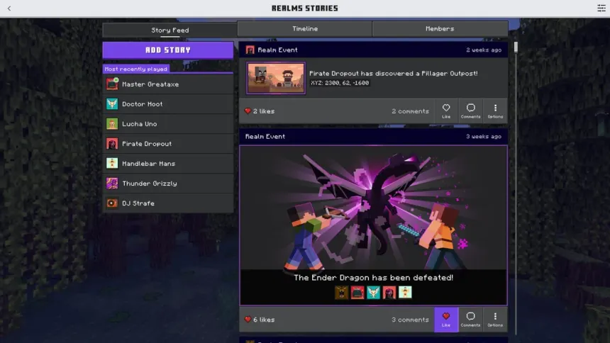 The Minecraft Realms stories section with two posts about discovering a pillager outpost and defeating the ender dragon.