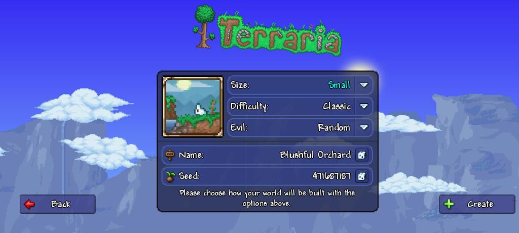 Terraria World Creation Interface