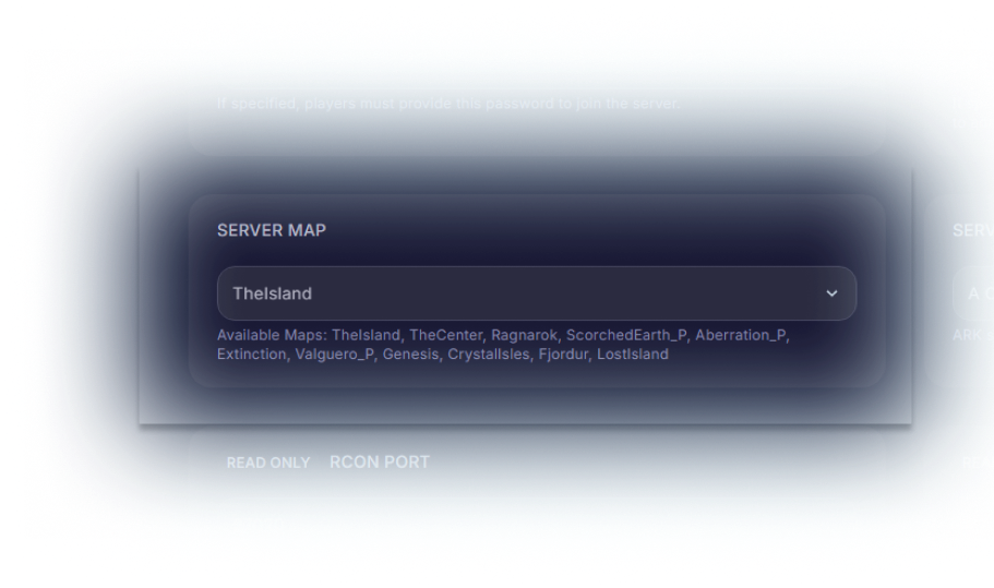 Cybrancee panel showing Ark map dropdown