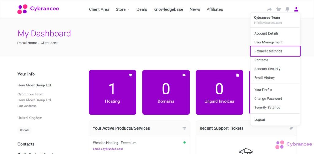 Cybrancee client area account dropdown with payment methods selected