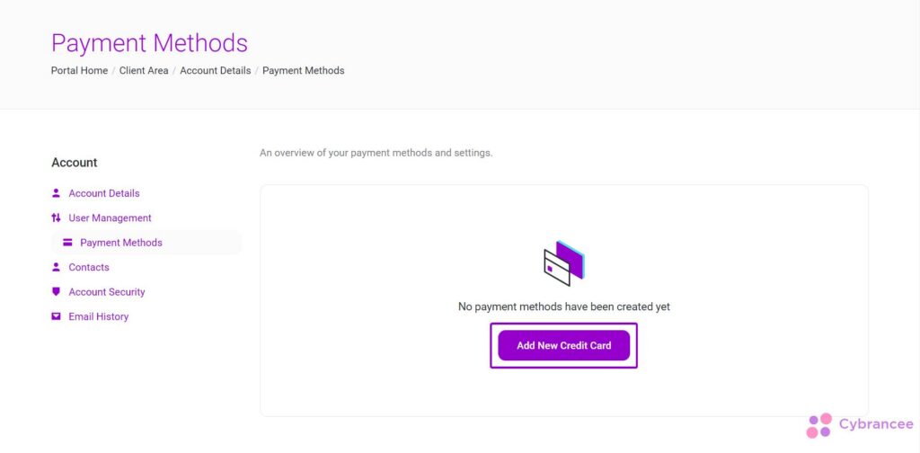 Cybrancee client area add new credit card