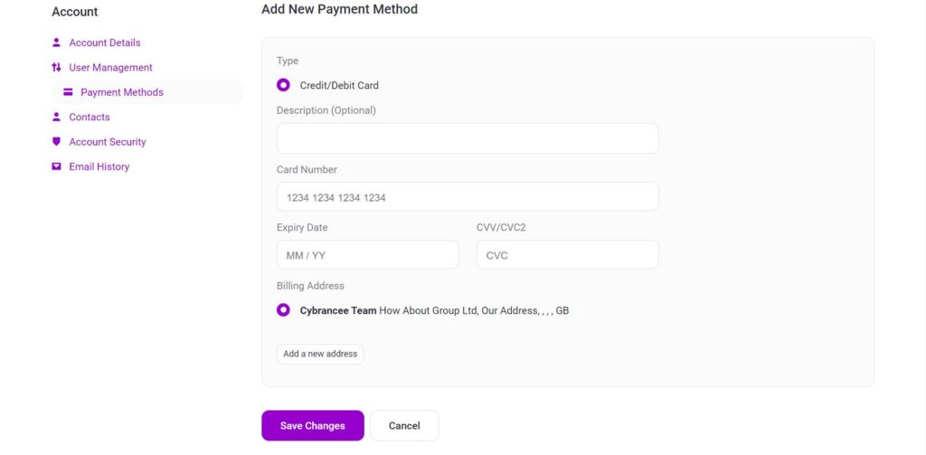 Cybrancee client area input billing details