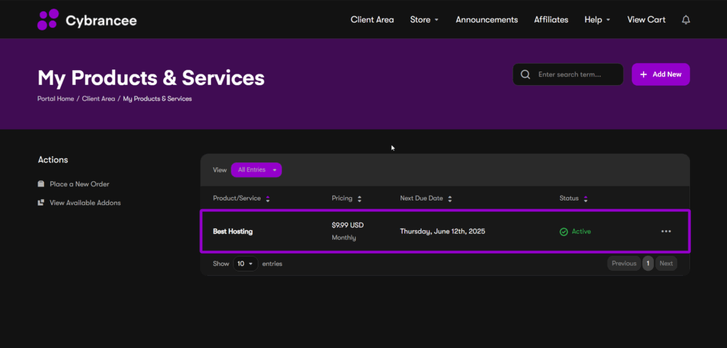 Cybrancee client area my services page